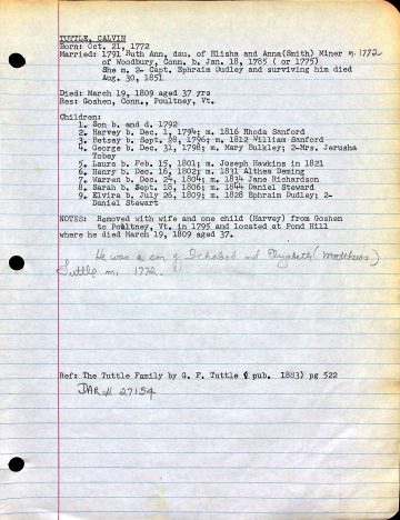 TUTTLE, Calvin (b. 1772 Conn. d. 1809 Poultney) MINER SANFORD BULKLEY HAWKINS DEMING RICHARDSON STEWARD DUDLEY